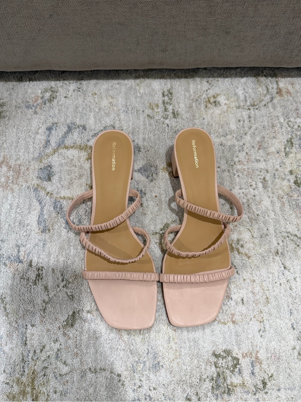 Reformation Blush Ruched Triple-Strap Slide Heels